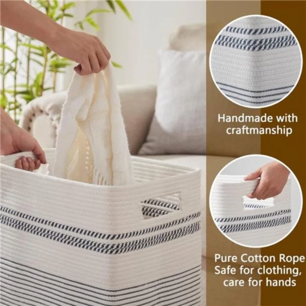 Large Woven Rope Tall Laundry Basket with Handles Dark Blue& White
